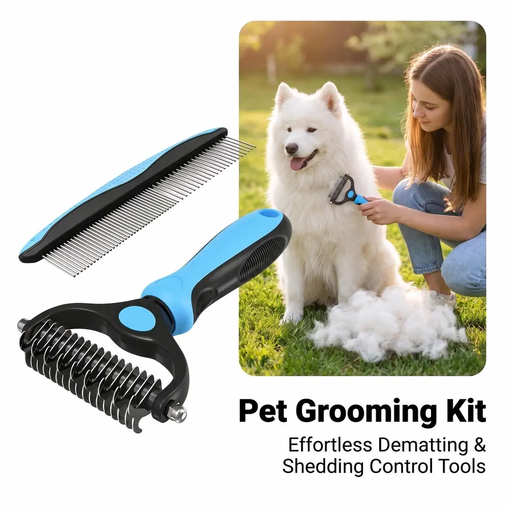 Pet Grooming Set - Blue Stainless Steel Dematting Brush & Metal Comb, Universal Fit Deshedding Tool for Mats Removal in Long Matted Fur of Cats & Dogs, Extra-Wide Hurtless Double Hair Rake