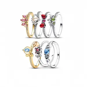 Simple white copper silver-plated diamond red rose flower shell pearl pair ring fashion ring series
