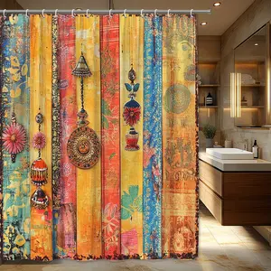 Vintage Bohemian Shower Curtain Set (1/3/4pcs) - Indian Inspired Ornament Design, Colorful Pendants, Rustic Wood Polyester Fabric, Includes Hooks, Machine Washable, Colorful Curtains, Boho Floral Bathroom Decor, Boho Floral Curtains