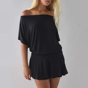 FISOEW  Sports 2026 Summer Spring Women's dresses,  Draped  Off-The-Shoulder Mini Dress,suitable for beach vacations and leisure holidays, party dresses. Fit Casual Black Style Womenswear,summerwins