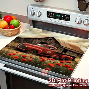 1pc 2D Flat Stove Cover Mat Protection Pad,Stove Panel Protector Red Pickup Truck on Country Farm,Suitable for Easy-Clean Kitchen Countertop Drying Mat for Stovetop Protection & Modern Kitchen Decor,Decorative Kitchenware Protector