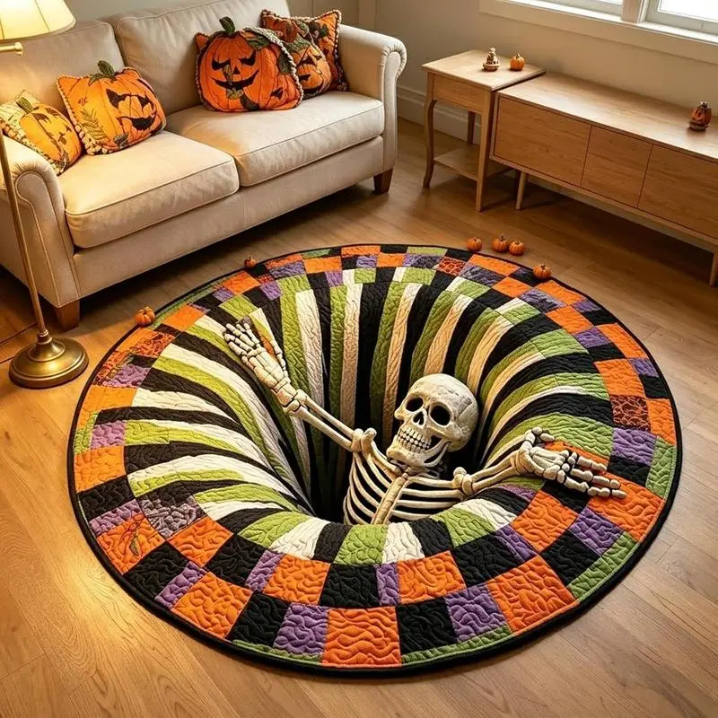 Halloween 3D Skeleton Vortex Round Rug, Spooky Optical Illusion Floor Mat, Soft Non-Slip Indoor Carpet for Living Room, Bedroom, Kitchen & Bathroom Halloween Decor, 16 Inch