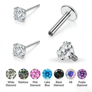 Bottom Four-Claw Set with Zirconia Ear Nose Lip Earrings Pointed-Base Alloy Piercing Jewelry in White Rainbow Pink Blue Black AB Purple Diamond Options tongue bars floating navel belly Surgical Stainless Steel Button Ring clip stud accessories women men's