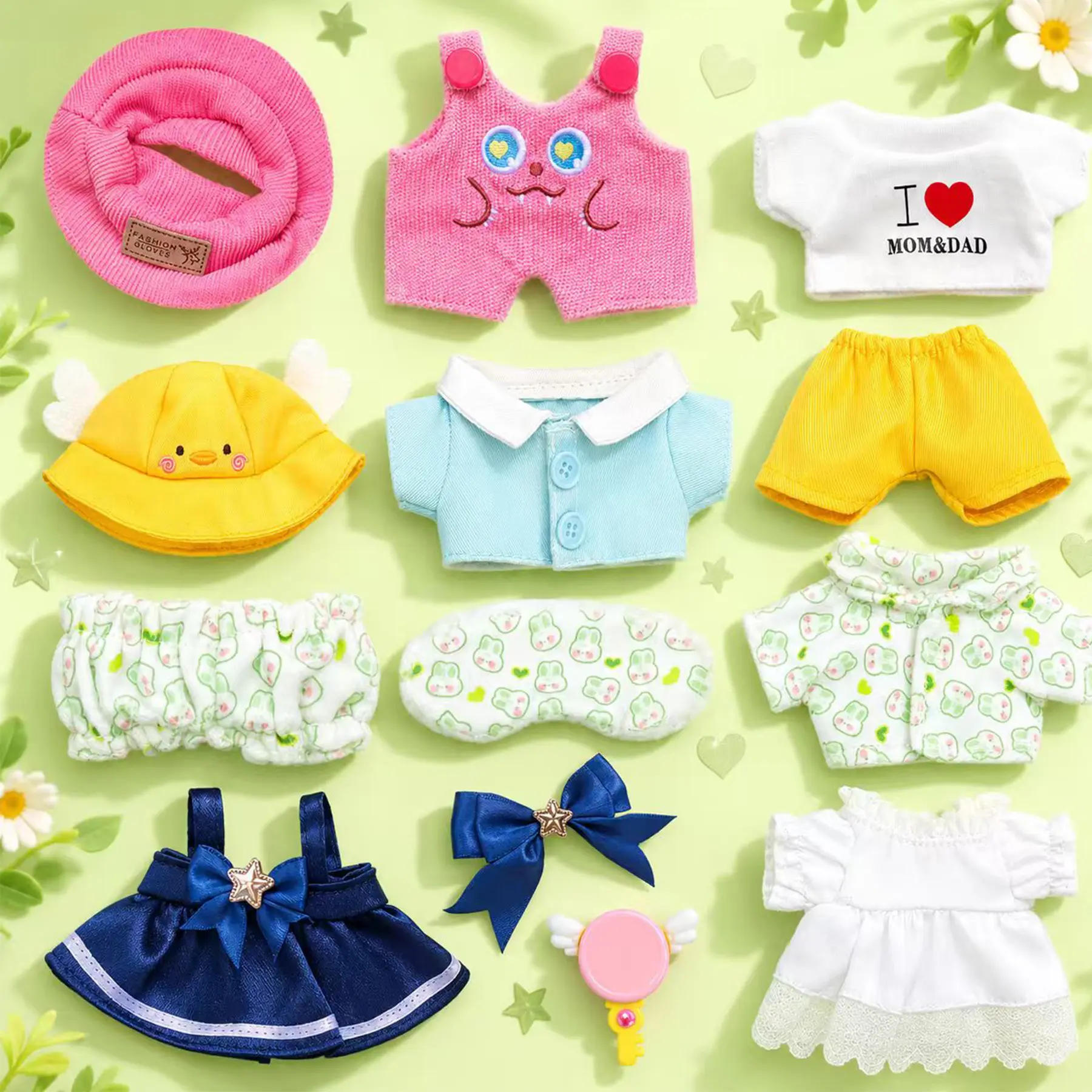 Kireidane 13-14 Pieces Doll Clothing Variety Set for 6in Plush Dolls - Fun and Functional Mini Outfits with Hats, Shirts, Pants, Dresses, Bows, Glasses for Pretend Play, Halloween Display, Doll Clothing Set