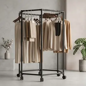 360° Rotating Hexagonal Clothes Drying Rack with Wheels, Heavy Duty Metal Garment Rack, Large Capacity Space Saving Clothing Organizer for Bedroom Laundry Room Balcony