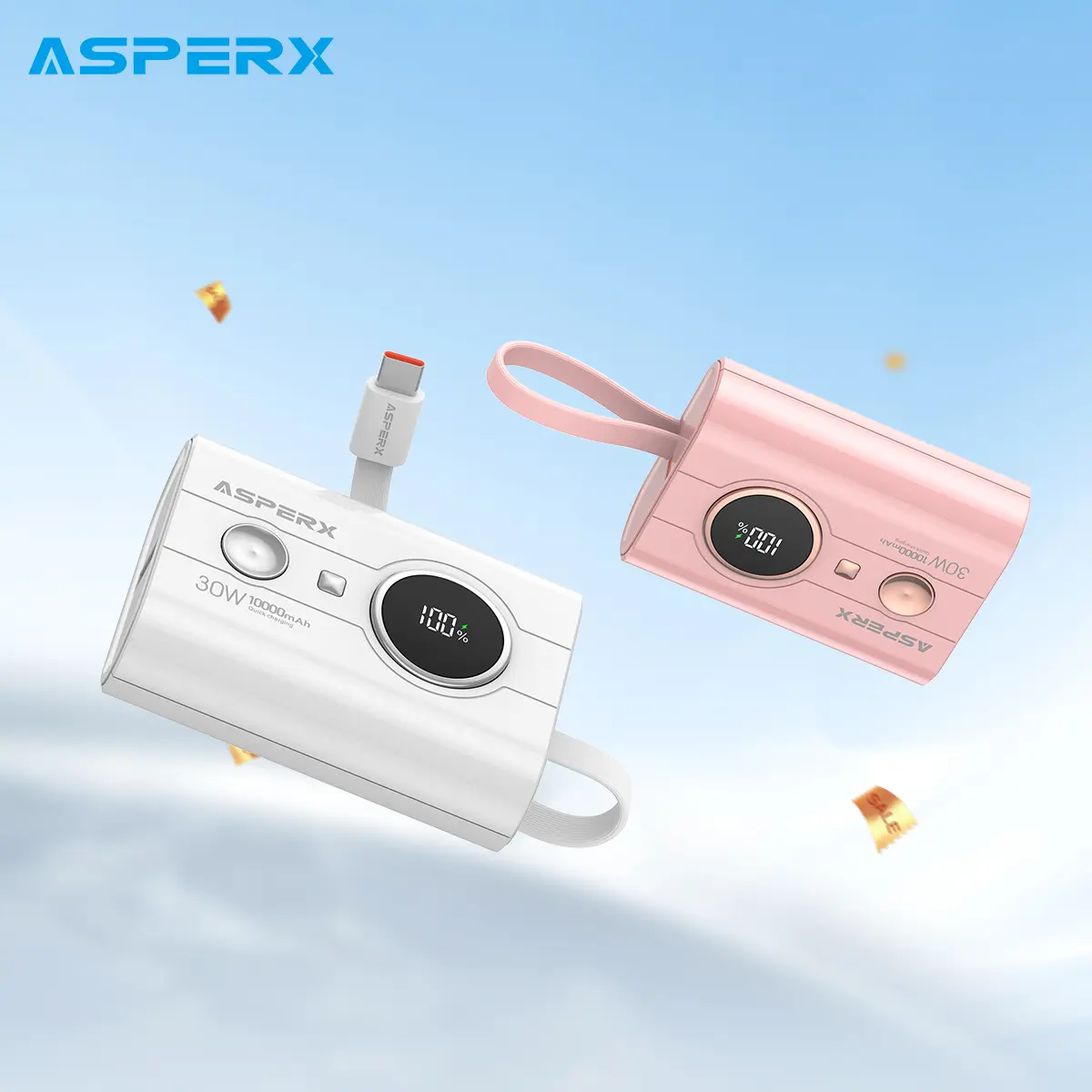 AsperX 30W Fast Charge Power Bank, Mini Portable Charger Built-in Type-C Cable, LED Display, Battery Pack for Smartphone, iPad, etc Chargeable Device