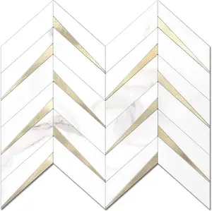10-Sheet Herringbone Tile Peel and Stick Backsplash, White Marble PVC Mixed Metal  Stick on Backsplash, Self Adhesive Wall Tile for Kitchen and Bathroom