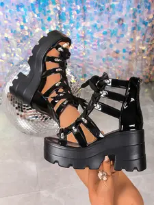 Women's 9.5CM High Chunky Heel Gladiator Platform Sandals | Gothic Punk Street Style | Patent Leather Lace Up Front Back Zipper Hollow Out Non-slip Lug Sole Open Toe Ankle Sandals | For Ladies Daily Wear Rave Music Festival Party Club Night Out