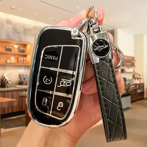 Car Key Fob Cover with Keychain, Car Key Holder, Car Key Accessory, Car Accessories, Soft TPU Car Keys Protector Case for Jeep Chrysler 200 300 Dodge RAM Challenger Journey Smart Key
