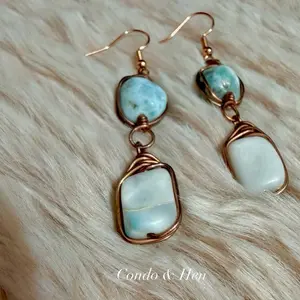 Condo & Hen Larimar & Copper Wire Wrapped Earrings - Elegant Handcrafted Jewelry with Natural Stone and Copper Wire Design