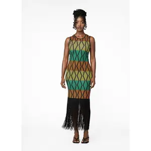 Danai Women's African Print Jersey Fringe Tank Dress (Multi Diamond Stripe)