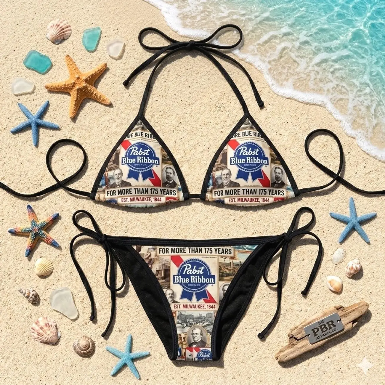 Vintage Y2K Pabst Blue Ribbon Beer Print String Bikini Hot Beach Summer All Size TIT
