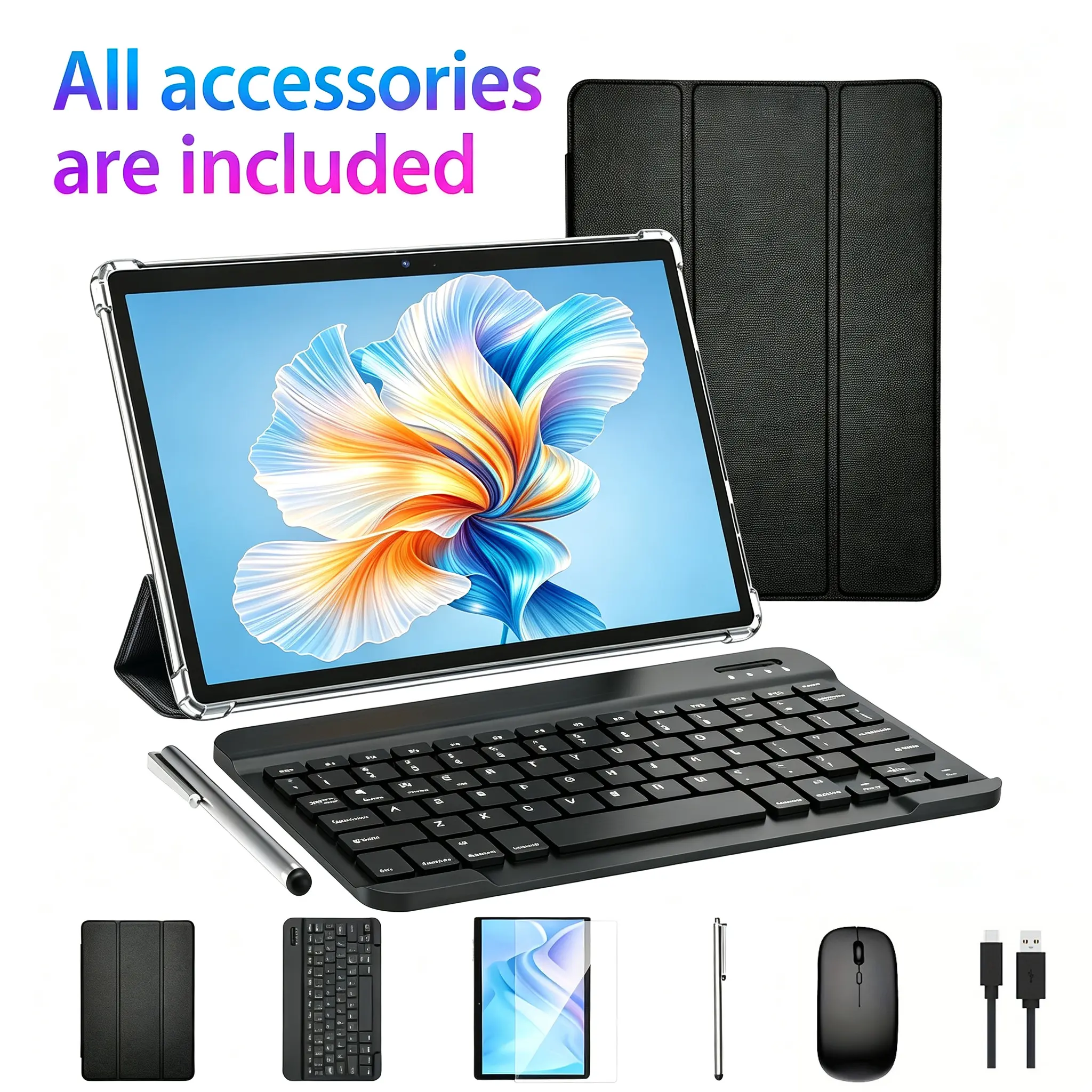 【2026】10.1-inch Tablet, Android 14, 12GB RAM + 256GB Expandable Storage, HD Screen, 10,000mAh Battery, 5G Wi-Fi; Portable Device with Keyboard, Mouse, Case, and Stylus; Dual Cameras; Suitable for School, Work, and Holiday Gifts.
