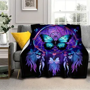 1pc Dreamy Purple Dreamcatcher Butterfly Blanket - Lightweight Flannel Throw For Sofa, Bed, Travel, Camping, Livingroom, Office, Couch, Chair, And Bed - Digital Printing Fleece Blanket With Soft And Warm Flannel Fabric