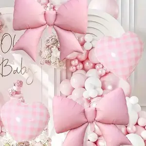4Pcs Pink Bow and Plaid Love Heart Birthday Party Foil Balloon for Bridal Gifts Weddings Engagements Anniversaries Decorations NONE