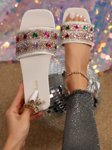 Women's Square Toe Colorful Rhinestone Flat Sole Sandals, Fashionable Slide Sandals, Summer Outdoor Fashion Casual Comfortable Large Size Beach Slippers