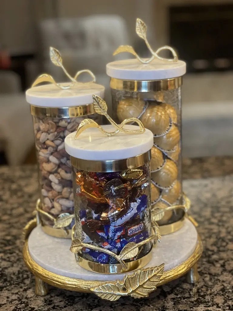 Coffee Station Gold leaf with marble lid Canister Bundle Set