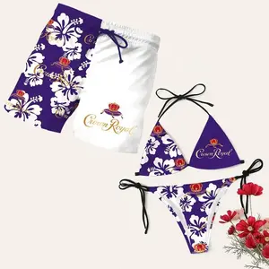 Matching Crown Royal Floral Swimsuits for Couples – Swim Bra & Tie Side Thong Bikini + Men's Beach Shorts, Summer Vacation Swimsuit, Hawaiian Shirt Style, Aloha Beach Outfit, Casual Holiday Bathing Suits, Menswear & Womenswear