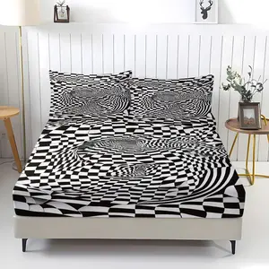 3D Cool Black and White Stripe Dazzling Effect Printed Fitted Sheet,Home Bedding Set,Including 1 Bed Sheet and 2 Pillowcases,Anti Slip Dust Cover Suitable for Bedrooms and Guest Rooms,Suitable for Personal Use or Gift Giving