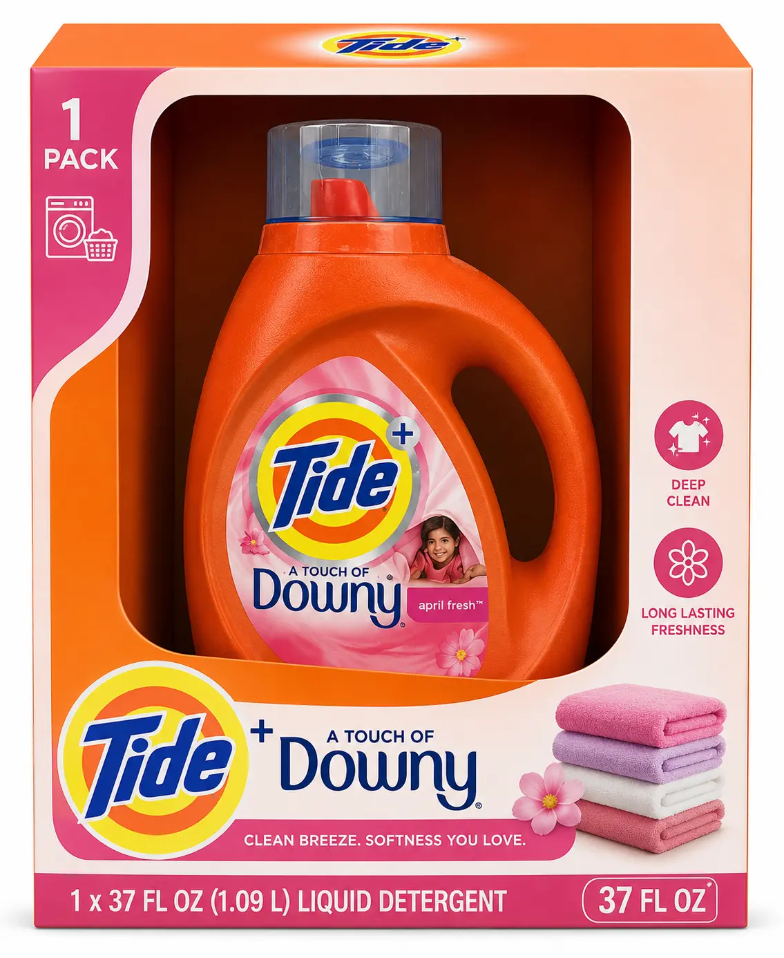 Tide + Downy Liquid Laundry Detergent, April Fresh Scent, 37 fl oz (1.09 L), Deep Cleaning Formula, 1 Pack