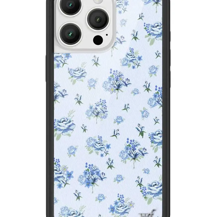 Forget Me Not Floral | Limited Edition Trendy Collab iPhone Case | Raised Protective Black Bumper | Women Owned Small Business | Baby Blue Background Navy Blue Bouquets | Safety Casing Protective | Gift for Her