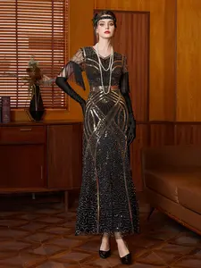 Women's 1920s Vintage Sequin Formal Party Dress, Round Neck, Fringe Shoulder Sleeves, Layered Hem, Slim Fit, Cocktail Party Wear, Elegant Fashion Dress, Formal Dresses
