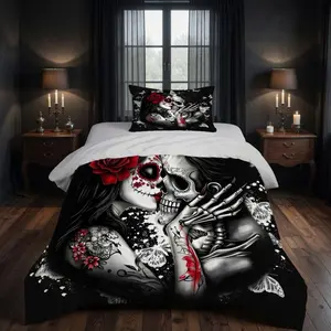 Gothic Sugar Skull Duvet Cover Set, 2/3 Pieces (1 Duvet Cover + 1/2 Pillowcases, No Comforter or Pillow Inserts Included), Dark Romantic Style, Soft Breathable Bedding, Ideal for Teens’/Gothic Lovers’ Bedroom Decor