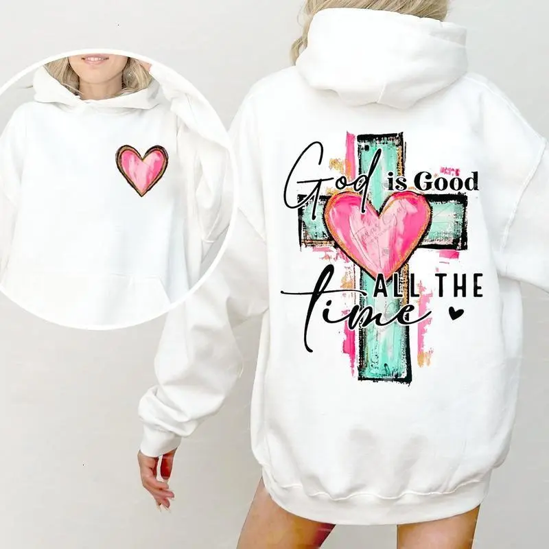 Women's Casual Comfy Longsleeves Pullover Hoodie - Christian Apparel with Hand-Drawn Cross & Brushstroke "God Is Good All The Time" Print, Casual Streetwear Sweatshirt for Women