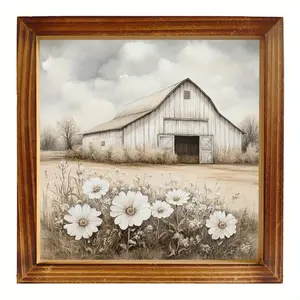 8x8 Inch Rustic Barn & Floral Wall Pediment with Recycled Wood Frame - Serene Countryside Landscape Art for Living Room, Kitchen, Bedroom, Bathroom Decor - Mother's Day & Holiday Gift for Mom, Son, Daughter, Friend, Farmhouse Rustic Decor, Pastoral Scene