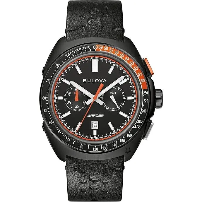 Bulova Racer Chronograph Leather Perforated Tachymeter Mens Watch 98B428