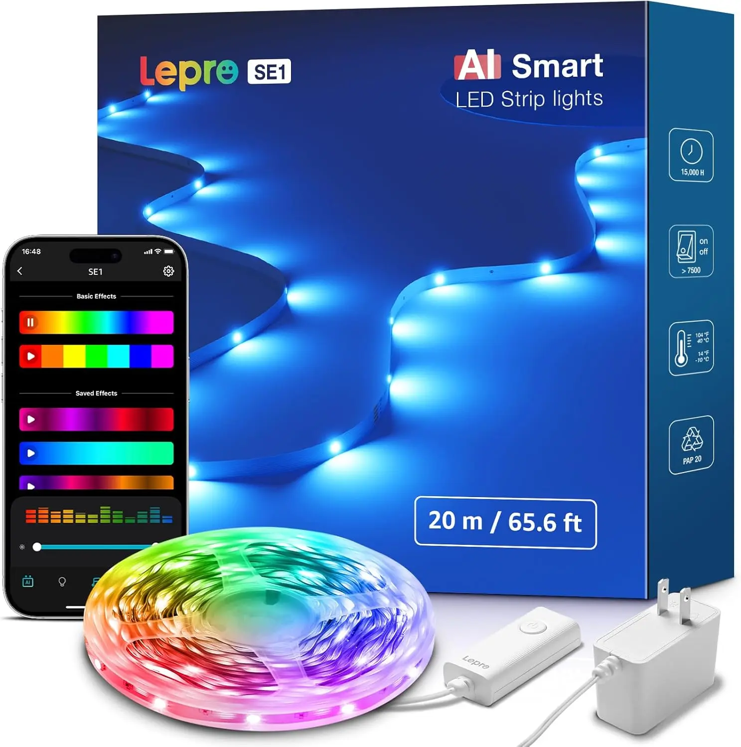 LEPRO SE1 AI Smart Rhythm RGB WiFi LED Strip Lights - 16.4-65.6ft, 2.4GHz Wi-Fi & Bluetooth, APP Control, AI-Generated Lighting, Music Sync, Teen Room Decor, Girly House Accessories, No Remote