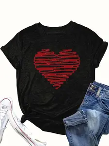 【Plus Size】 Heart Print Round Neck Tee, Casual Short Sleeve Crew Neck T-Shirt Summer, Women's Clothing for Daily Wear Sweatshirt, Hoodie, Comfort Colors