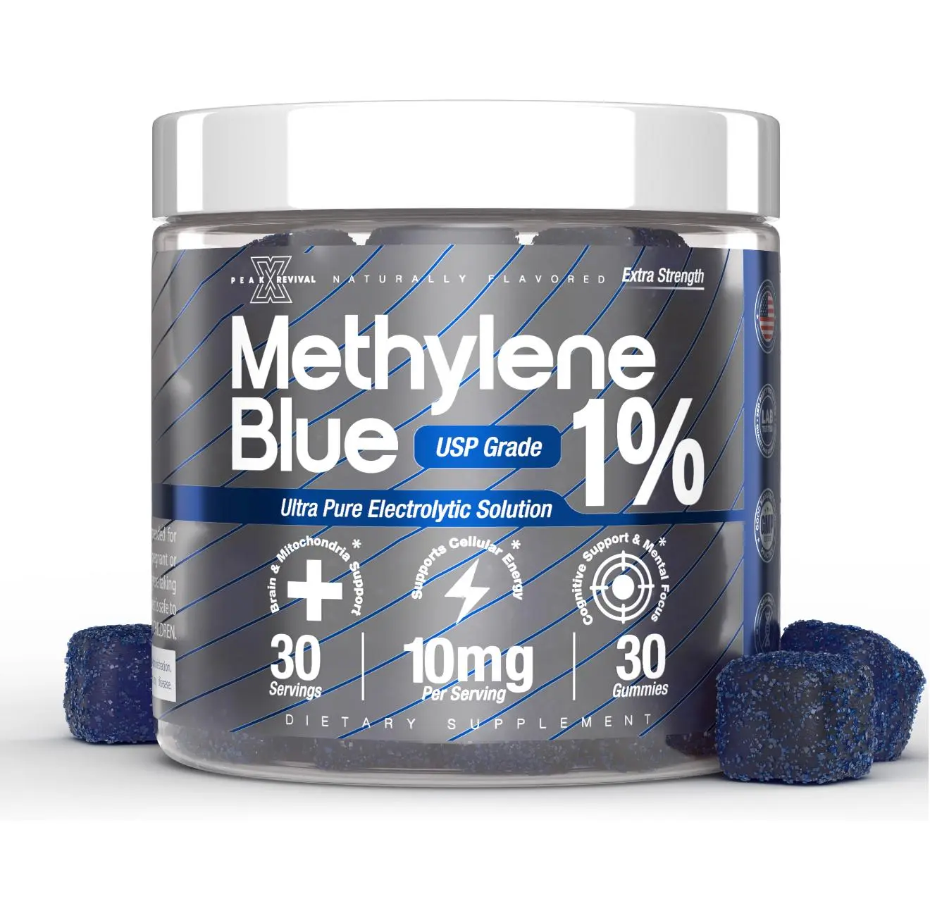 Peak Revival-X Chewable Raspberry Methylene Blue Gummies - 10mg Per Serving, USP Grade 1%, Brain Health & Memory Booster, Peak Energy Nutrition Supplement, Supplement for Health, Antioxidant Help - 30 Pieces, Gummy, Natural