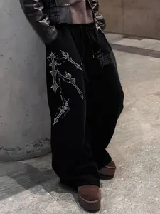 Avant-Garde "Opium Style" Baggy Trousers with Multi-Cross Embroidery - Gothic Dark Aesthetic Wide Leg Pants for Men & Women, Streetwear Floor-Length Oversized Cargo Alternative