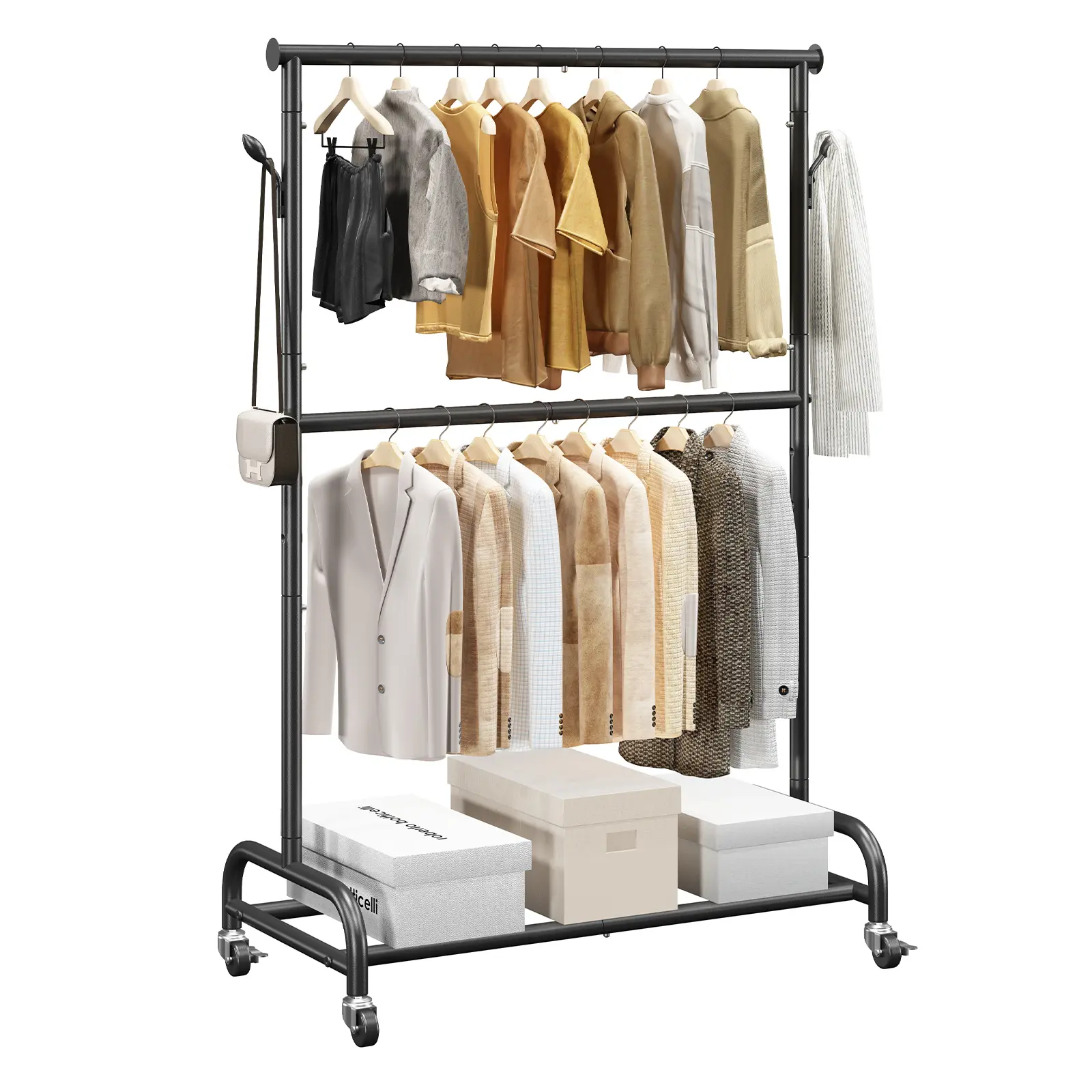 VEVOR Clothes Rack, Rolling Clothing Garment Rack with Adjustable Crossbar and Side Hooks, 150 lbs Load Capacity, Heavy Duty Carbon Steel Clothing Racks with Wheels for Bedroom, Laundry, Living Room