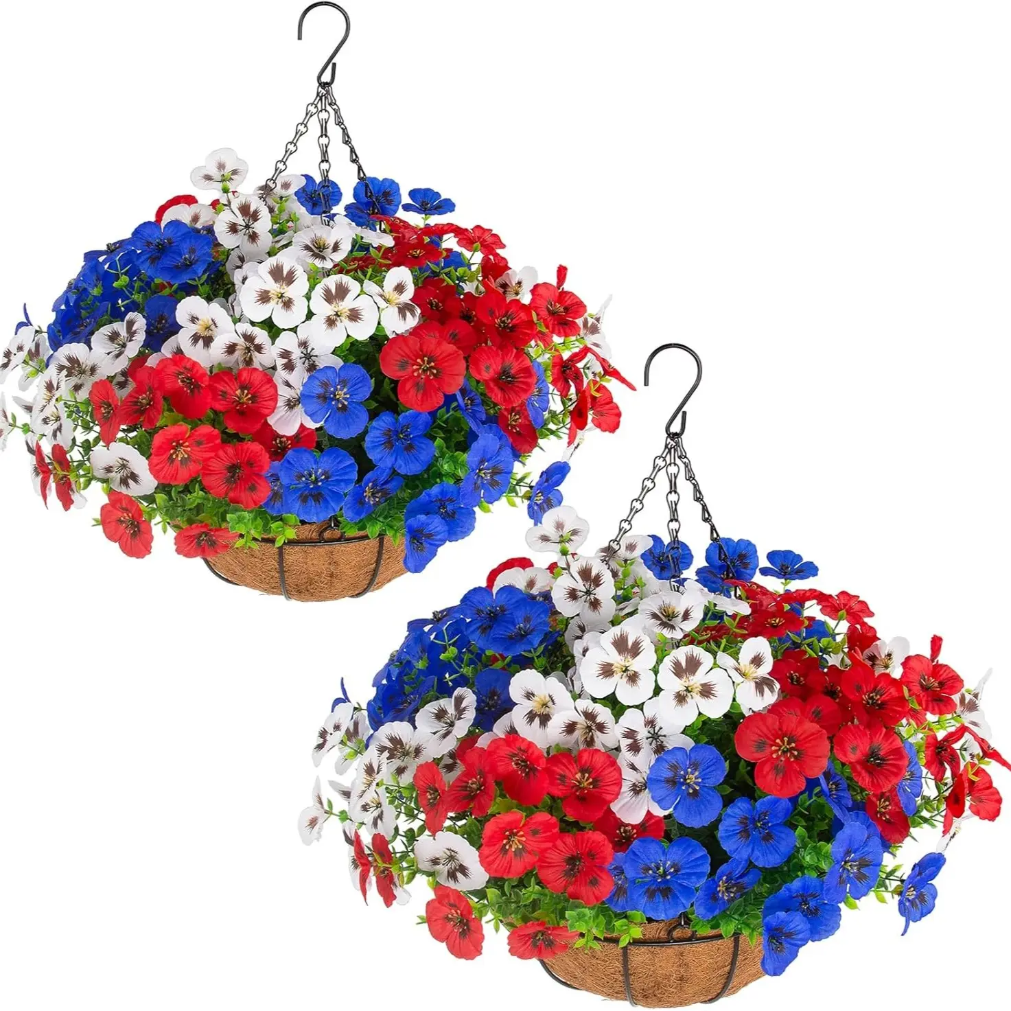 2 sets of artificial hanging pansy flower baskets, 24 synthetic patriotic silk pansies for outdoor use, suitable for porches, patios, gardens, and home decoration on July 4th (red, white, blue) Fake Flowers