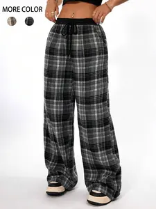 Women's Plaid Print Drawstring Waist Wide Leg Pants, Casual Streetwear Pants, Casual Comfy Pocket Trousers for Spring & Fall, Women's Bottoms for Daily Wear