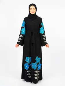 Abaya Blue Silver Flower Rhinestone Black Dress with Floral Embellishments and Rhinestone Accents