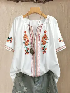 Plus Size Women's V Neck Boho Floral Ruffle Embroidered Woven Blouses Shirt, Casual Fashion Top with Embroidery, Unique Design, Comfortable Fit for Daily Wear