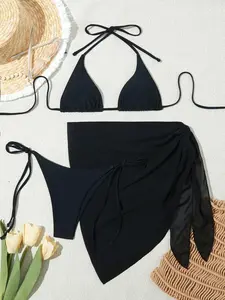 Women's Solid Halter Swim Top & Panty & Knot Sheer Mesh Cover Up Skirt Set, Fashion Bikini Sets for Summer Beach Swimming, Women's Swimwear for 2024 Summer, Bikini Swimsuit, Bathing Suits 2024