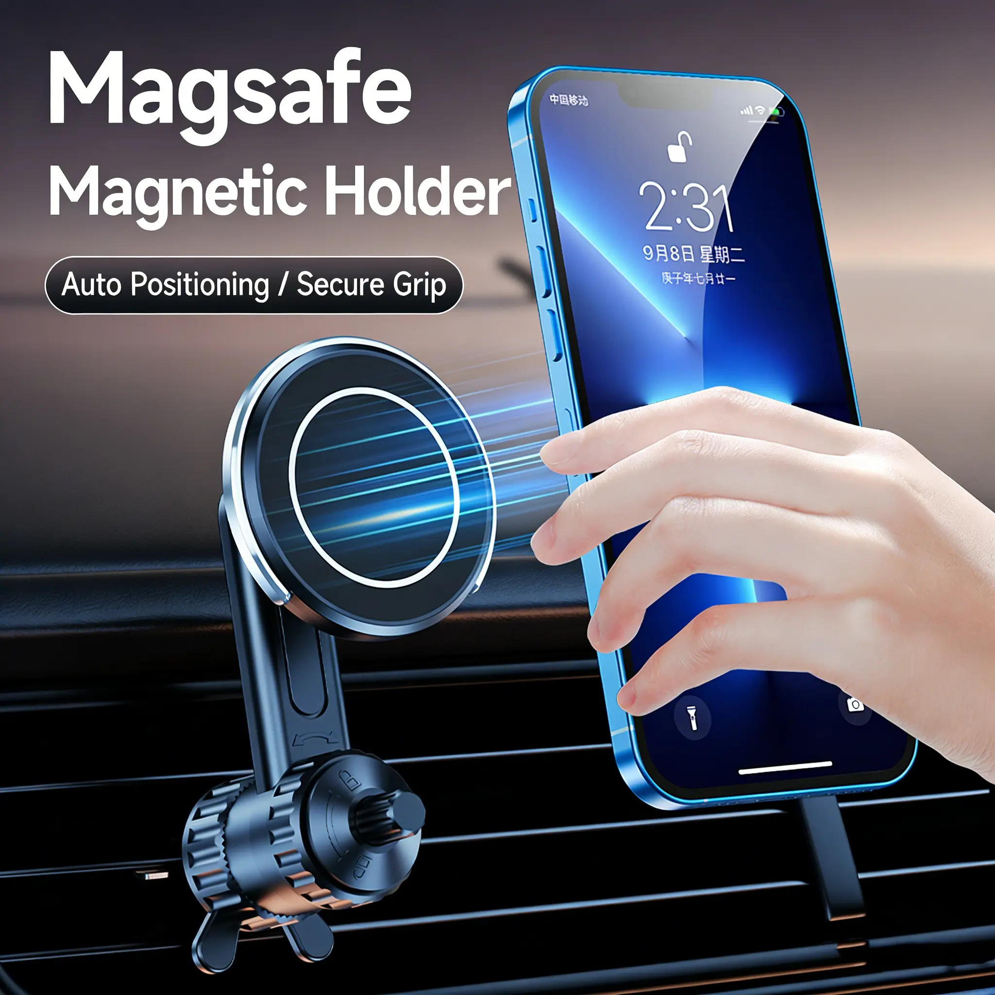 MagSafe Car Phone Holder - ABS Plastic Auto-Clamp Air Vent Mount, 40 Strong Magnets, 360° Rotation, 1-Hand Snap Installation, Fits iPhone 17/16/15/14/13 Pro Max & All MagSafe Cases, Phone Holder For Car