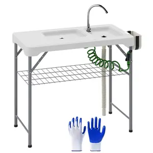 Portable camping sink table stainless steel faucet spray nozzle expandable drain pipe HDPE metal frame 176lbs capacity outdoor fish fillet station