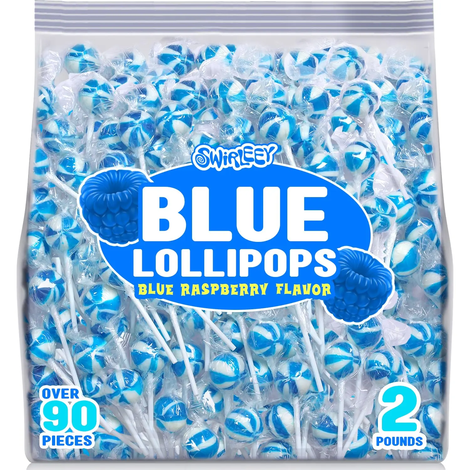 Blue Lollipops - 2 Pounds - 90 Lollipops - Blue Raspberry Flavor