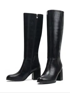 Women's Chunky Heel High Boots, Elastic Knee-High Long Booties, Casual PU Leather Shoes for Fall & Winter, Heeled Knee Boots