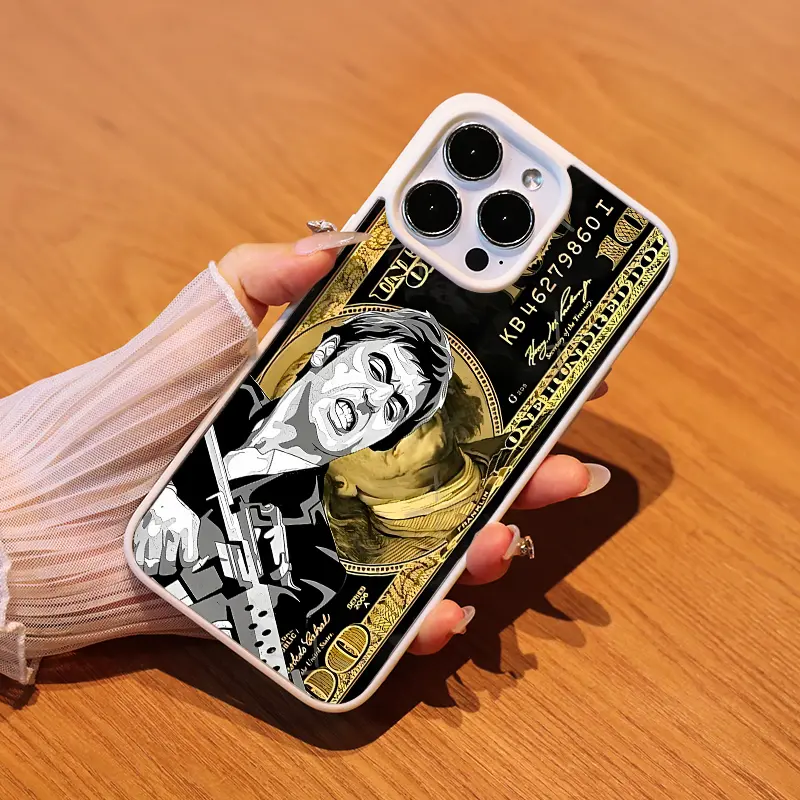 Black Gold $100 Bill & Scarface Illustration Matte Magnetic Smartphone Case for Various Multi-Model iPhones 11/12/13/14/15/16/16E/Mini Series, Strong Magnetic Acrylic Cover, Wear-resistant, Anti-scratch Protection, Fingerproof, Wireless-friendly Casing