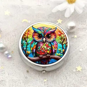 Owl Pattern Round Metal Pill Box, Portable 3-grid Mini Pocket Storage Box, Travel Pill Box, Medicine Tablet Vitamin Organizer for Home Office School, Medical Organizer