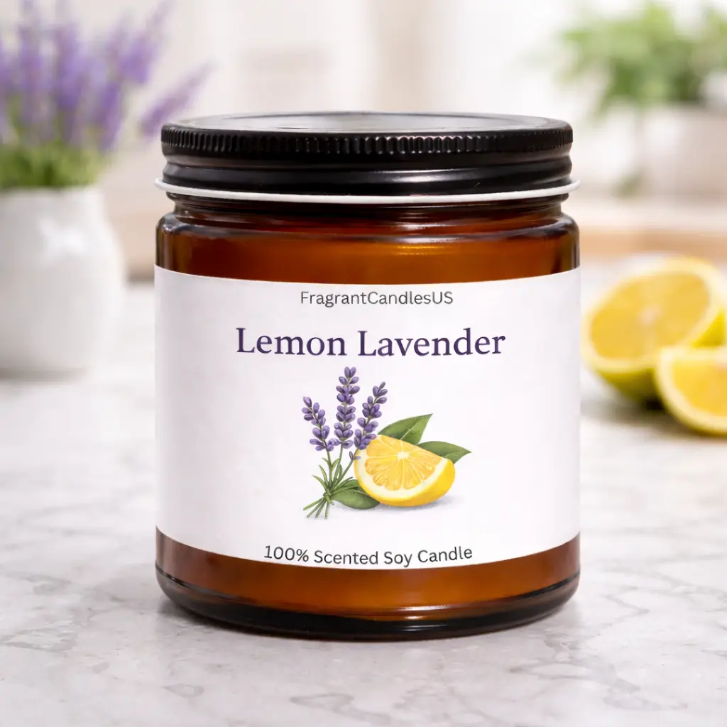 FragrantCandlesUS Non-Toxic Lemon Lavender All Natural Soy Wax Candle - Hand-Poured Amber Jar, Citrus Fruit & Calming Floral Aroma, Anti-Stress Ambiance Spa Candle, Mum Gift, Home Decoration, Ambiance Candles