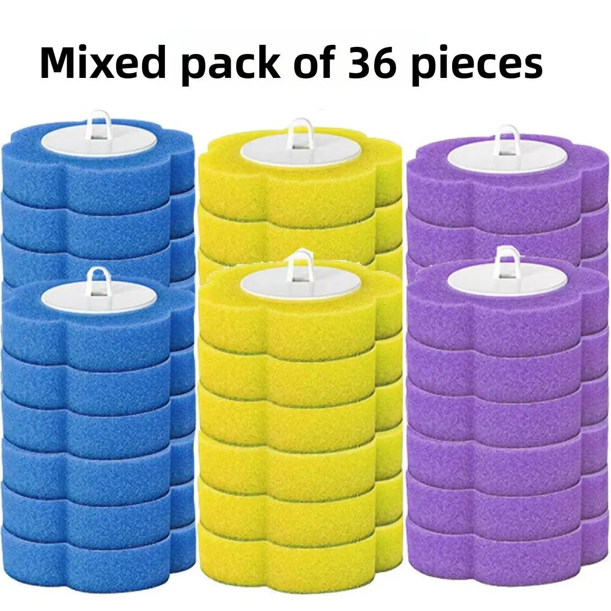 36PCS Refill 3 Layer Sponge  (Handles Not Included)Set Blue Purple Yellow Mixed Pack for Cleaning Bathtub Shampoo Storage Home Supplies - Box disposable toilet cleaning set bathroom  accessories toothbrush  holder Scrubber  toilet brush
