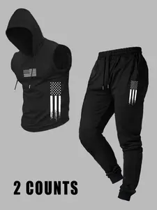 Men's Casual Hooded Vest with Long Pants, Comfortable Fitted Knit Fabric for Fall Season, Stylish Set for Everyday Wear, Activewear