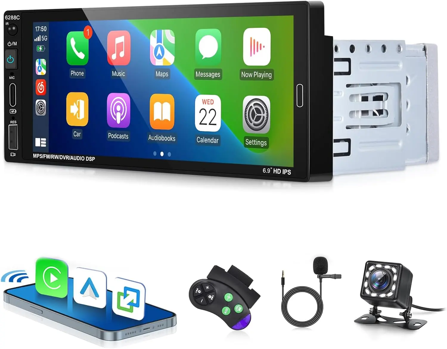 6.86 Inch HD Single Din Car Radio with Wired Carplay & Android Auto, Touchscreen Car Audio with Bluetooth Handsfree Mirror Link Voice Control FM EQ SWC AUX/TF/USB/MIC + Backup Camera,SummerVibes